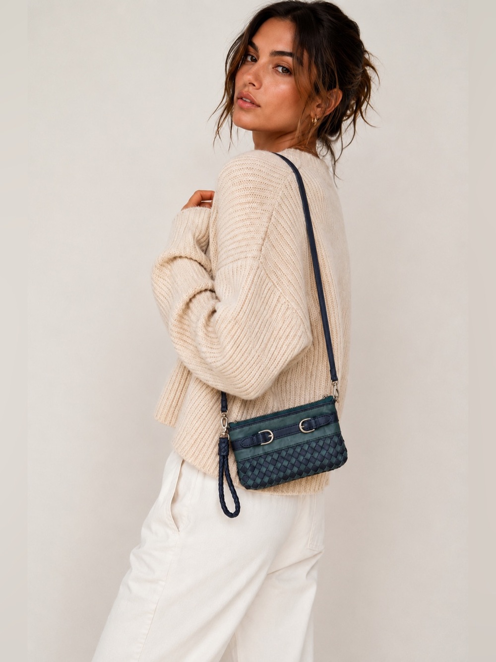 Yucca Teal Navy Woven Leather Crossbody Wristlet Convertible Mini Bag Buckle